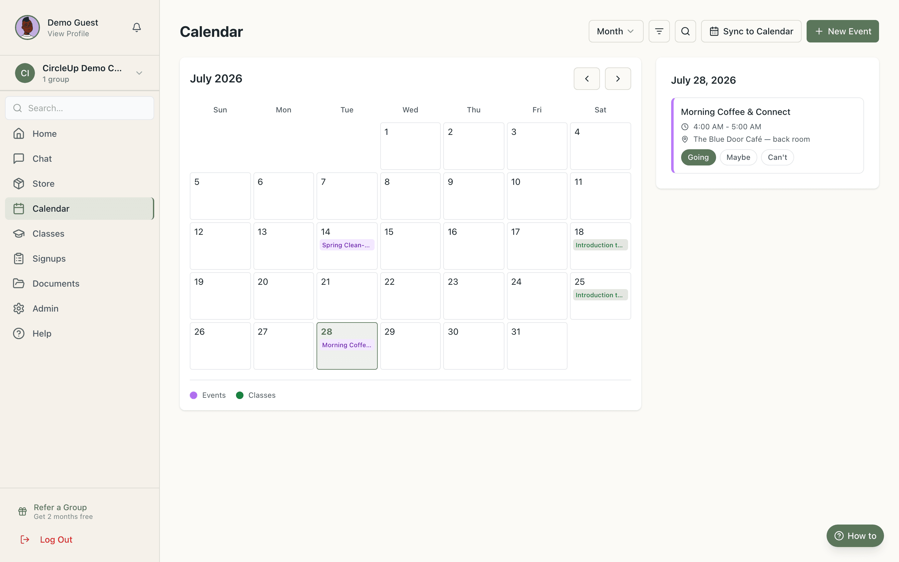 Co-op event calendar with RSVP tracking and recurring class days
