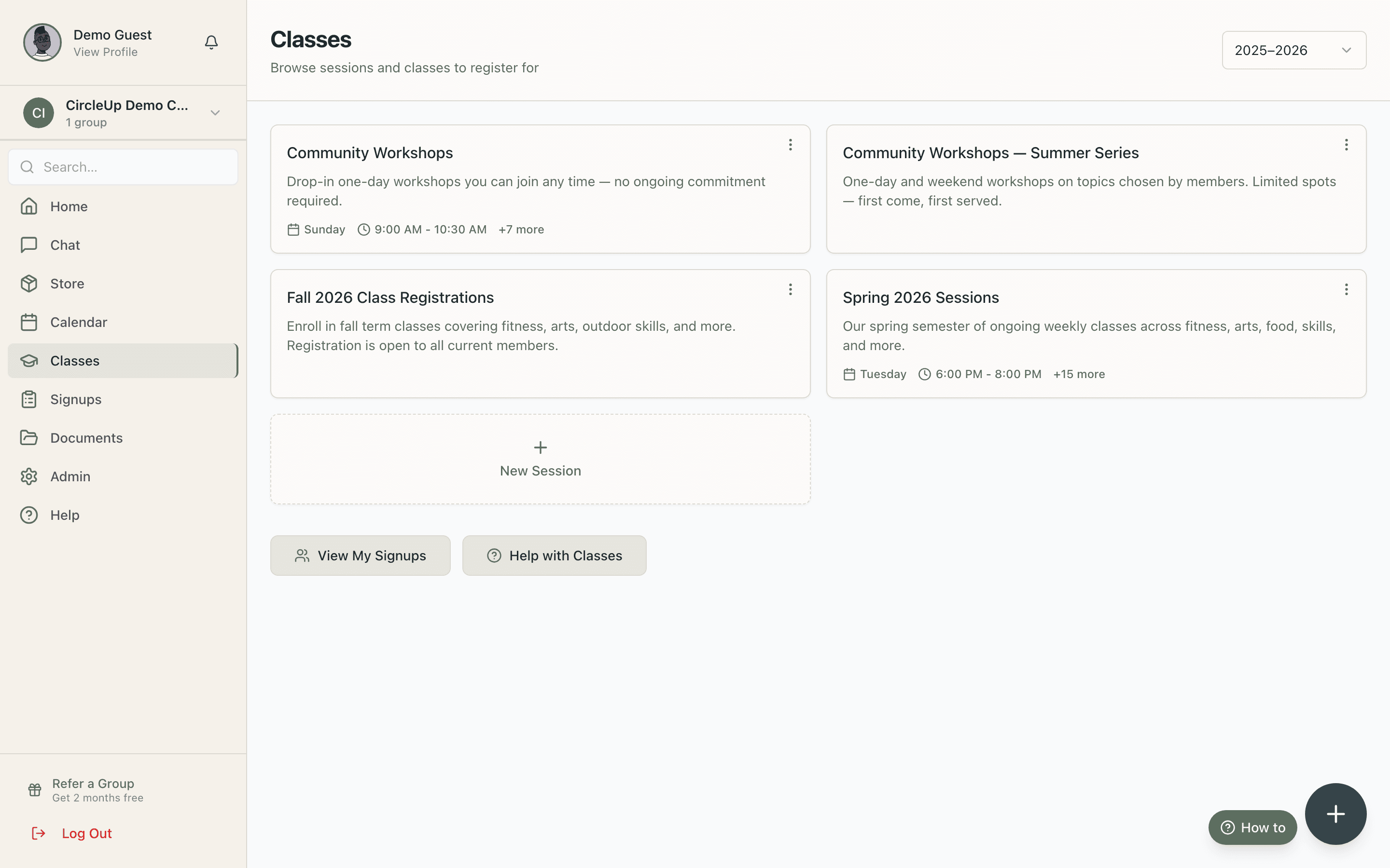 Co-op class catalog with online registration for each child