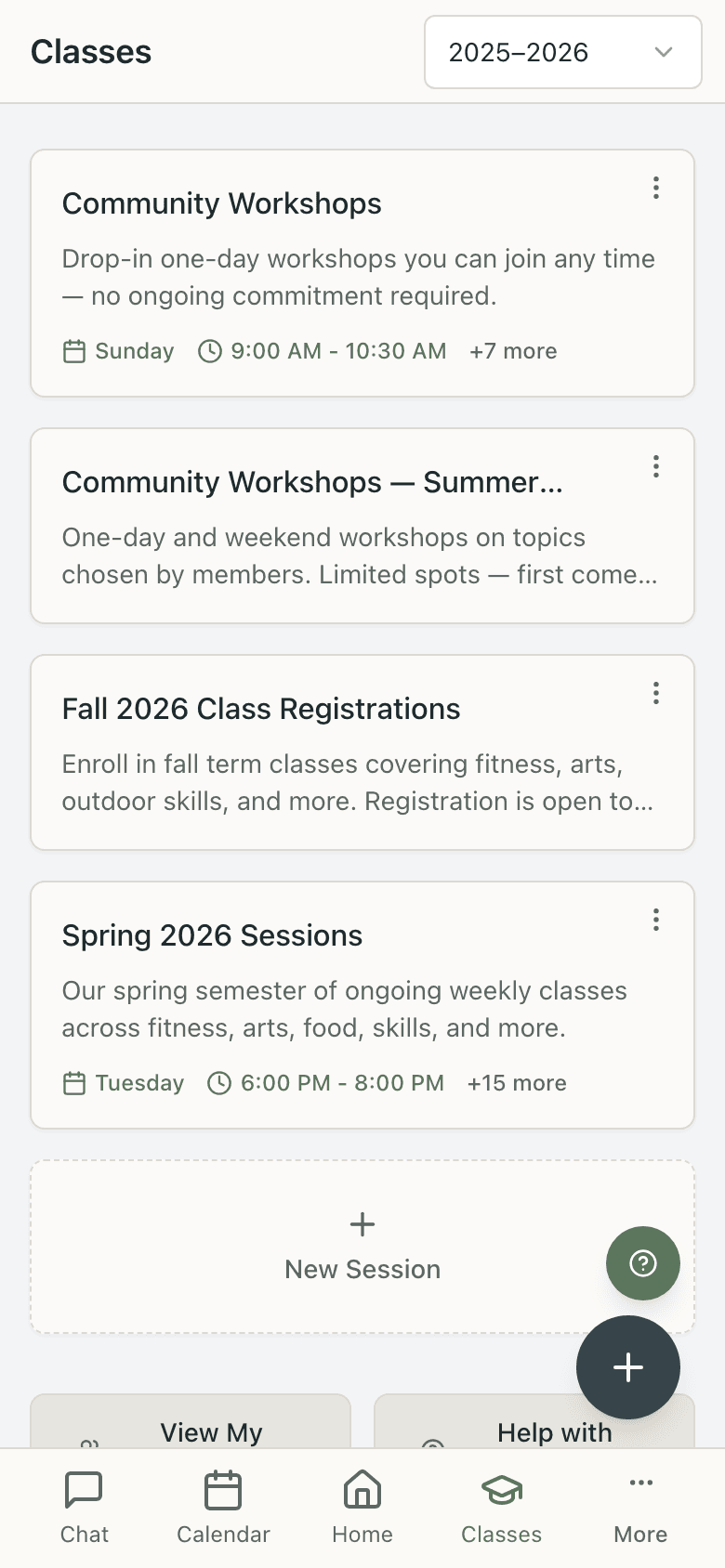 Co-op class catalog with online registration for each child
