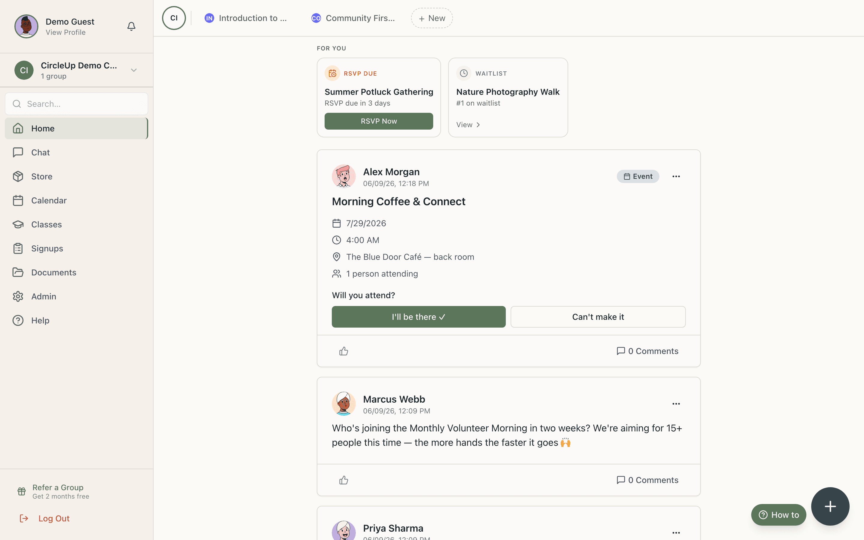 The CircleUp home feed: a personal For You row of what needs your attention, above the group's announcements and events