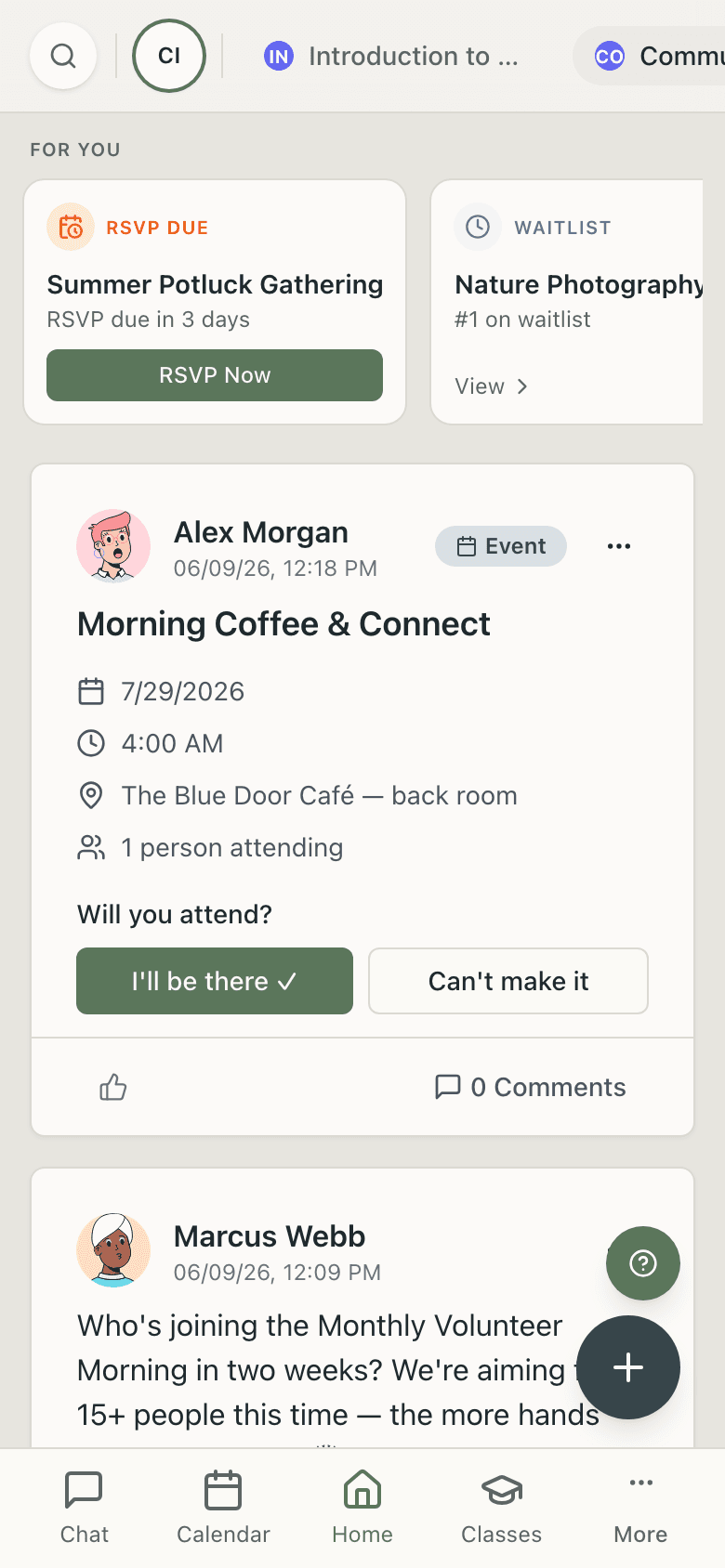 The CircleUp home feed: a personal For You row of what needs your attention, above the group's announcements and events