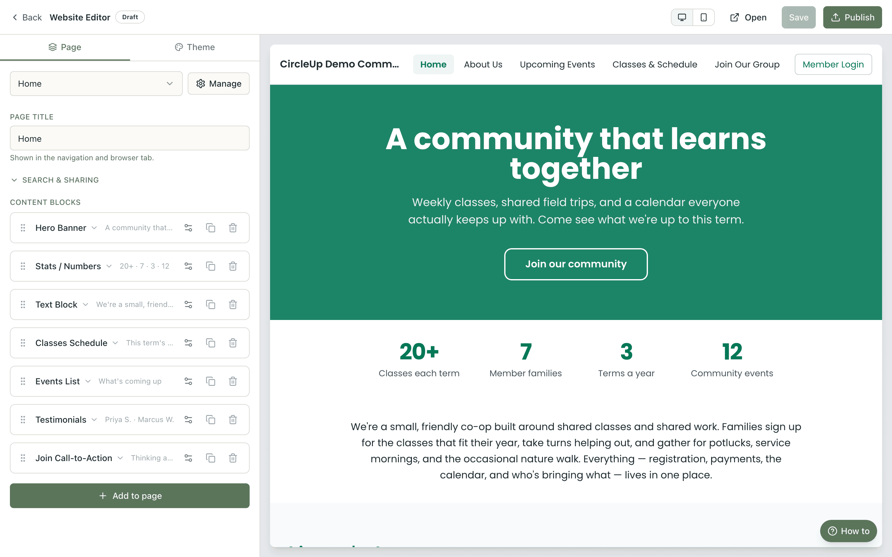 Built-in website builder for homeschool co-ops